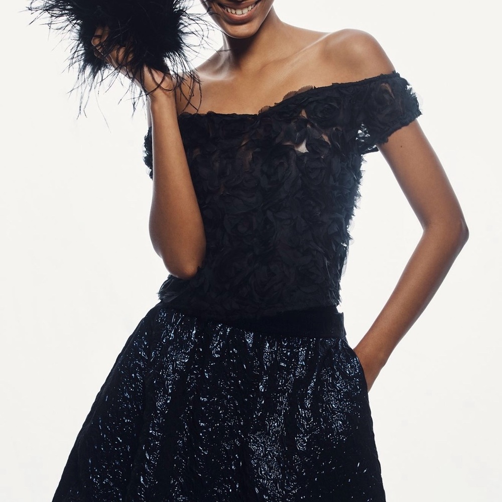Anthropologie Black Off-Shoulder Floral Textured top
